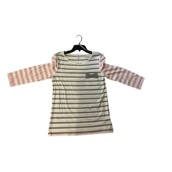 Elle Bow Top Womens Medium Pink White Striped Cotton Stretch Round Neck Pullover - Picture 3 of 5